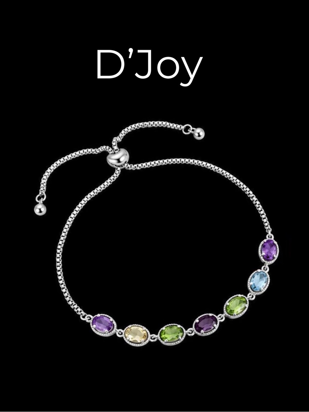 D’Joy Sterling Silver Bolo Bracelet with 7 Oval Cut Crystals
